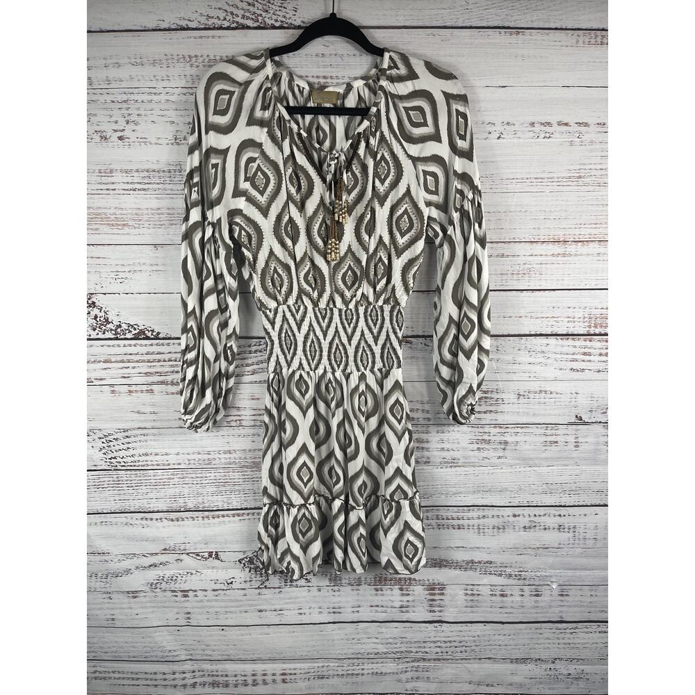 Skemo Dress Women's Size XS Brown White Boho Ikat Print Beaded Tassel Rayon